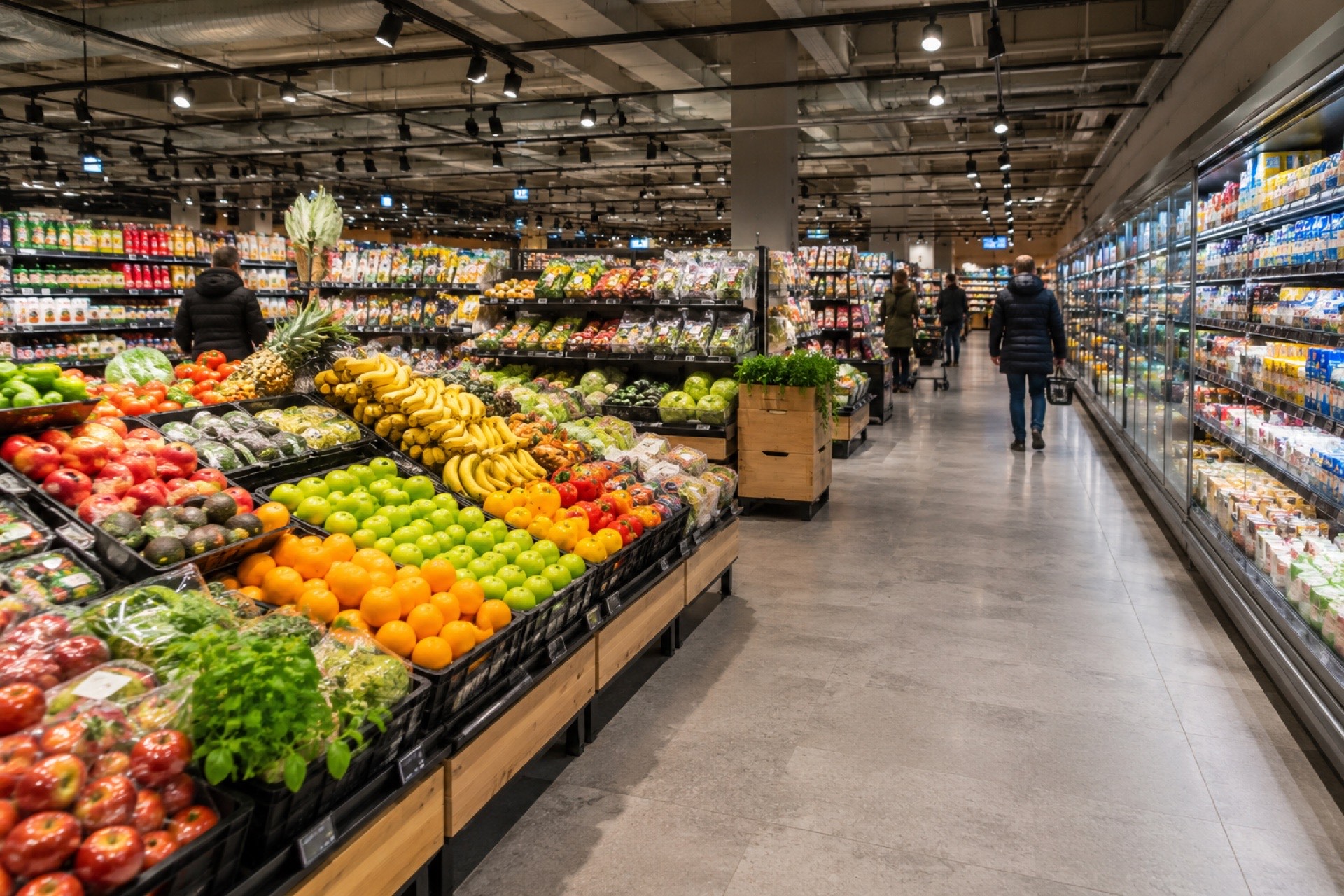 Wnętrze norweskiego supermarketu z bogatym działem owoców i warzyw